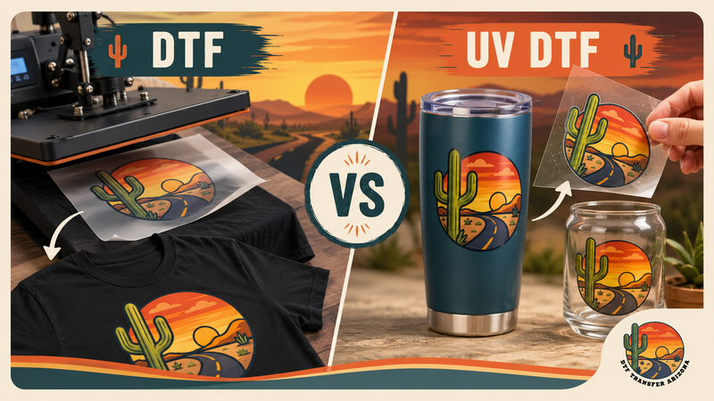 DTF vs UV DTF printing comparison showing a colorful transfer applied to a T-shirt and UV DTF decals on a tumbler and glass.