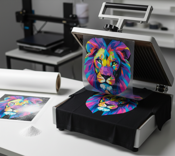 Heat press applying a colorful lion DTF transfer onto a black shirt, with transfer film, powder, and printing supplies on the worktable.