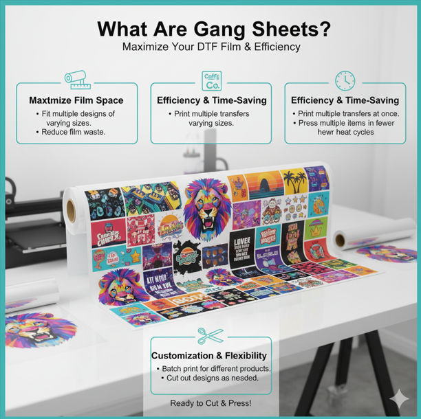 Colorful DTF gang sheet roll showing multiple designs arranged to maximize film space, reduce waste, save production time, and support flexible custom printing.