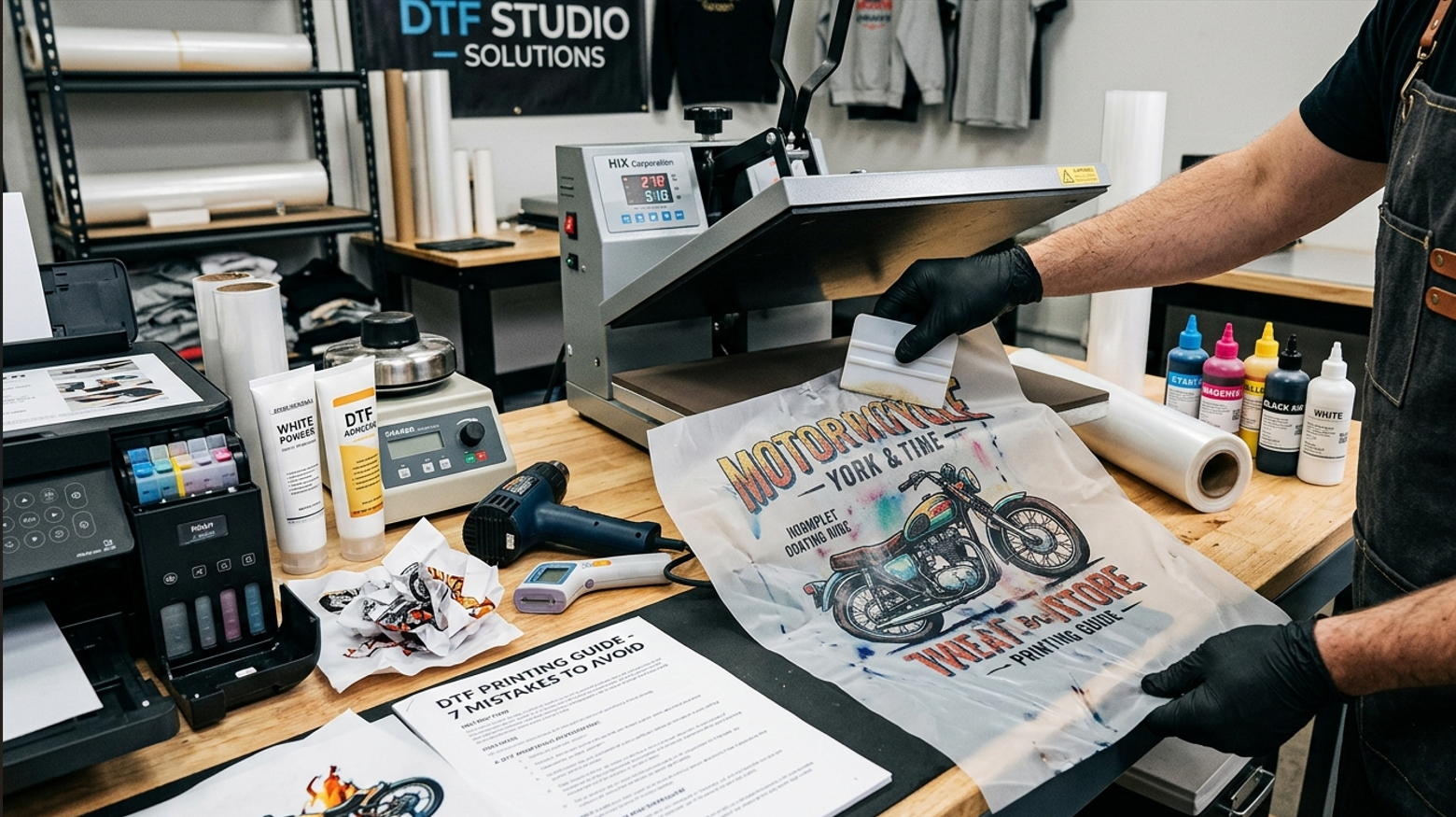 DTF printing workspace showing a heat press, transfer film, ink bottles, powder supplies, and a printed motorcycle design during the DTF transfer process.
