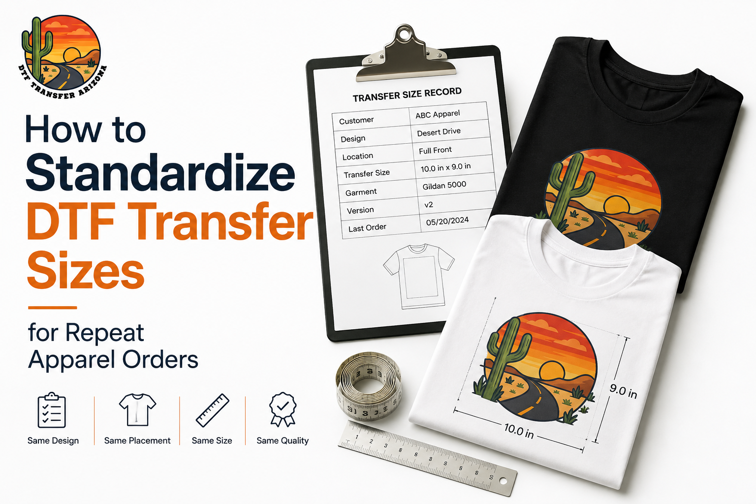 DTF transfer size standardization workflow showing repeat apparel orders, transfer size records, measurement tools, and consistent design placement for DTF printing.