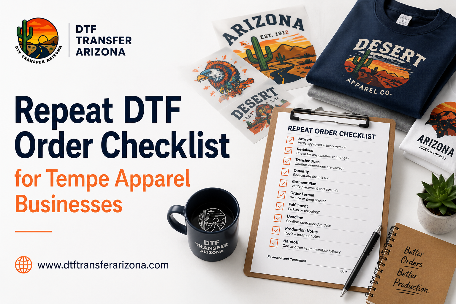 Repeat DTF order checklist for Tempe apparel businesses showing transfer artwork, printed apparel, and an organized reorder checklist.
