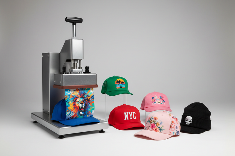 Cap heat press machine printing a colorful lion design on a blue cap, with custom embroidered and printed hats displayed beside it.