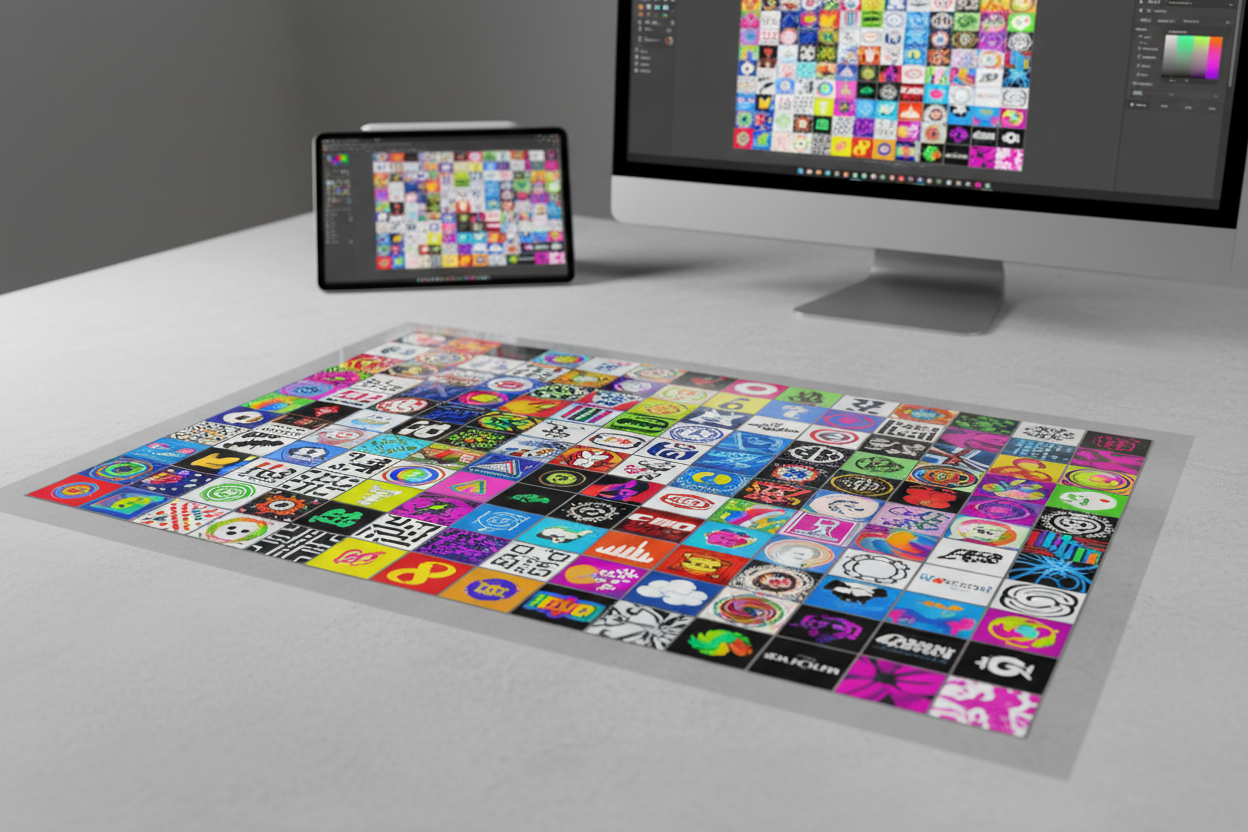 DTF gang sheet builder layout with colorful designs arranged on a transfer sheet beside digital artwork screens.