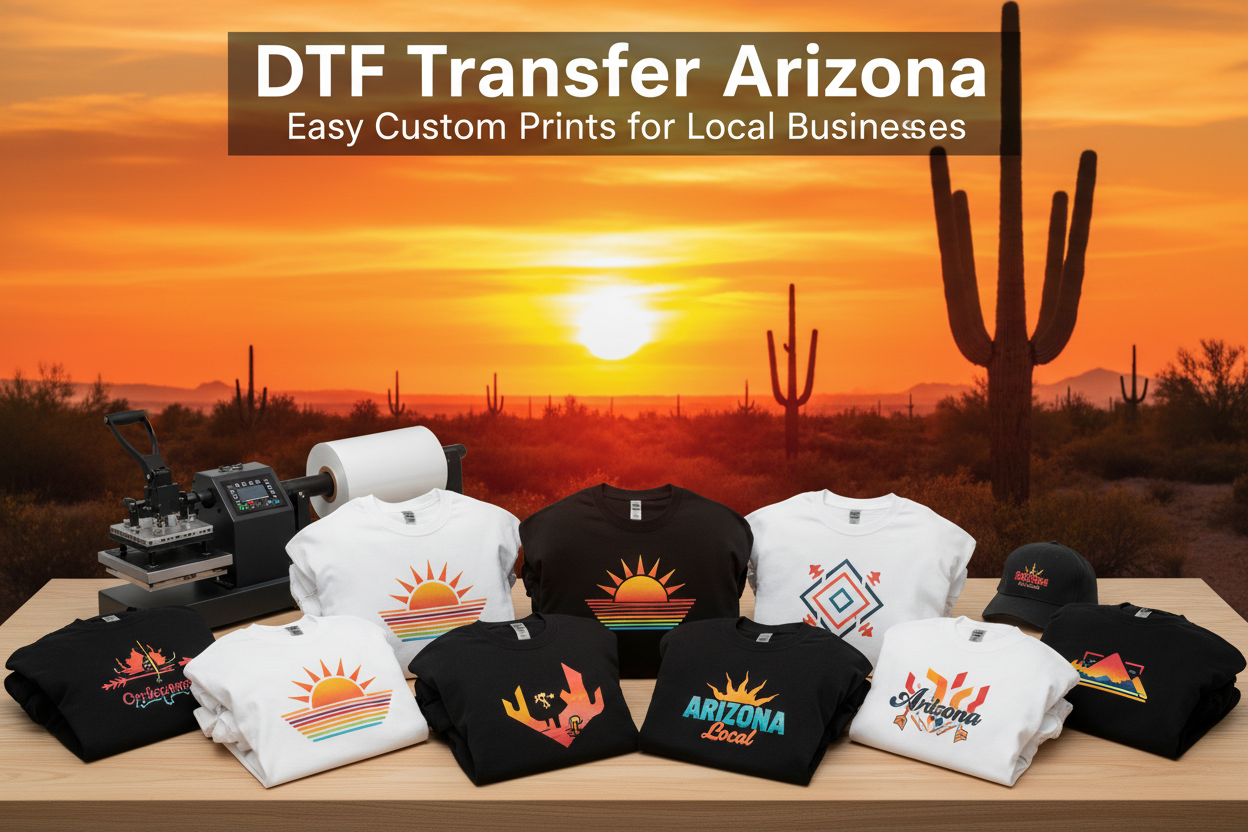 DTF Transfer Arizona banner showing custom printed shirts, a heat press machine, and Arizona-themed apparel in front of a desert sunset with cactus silhouettes.