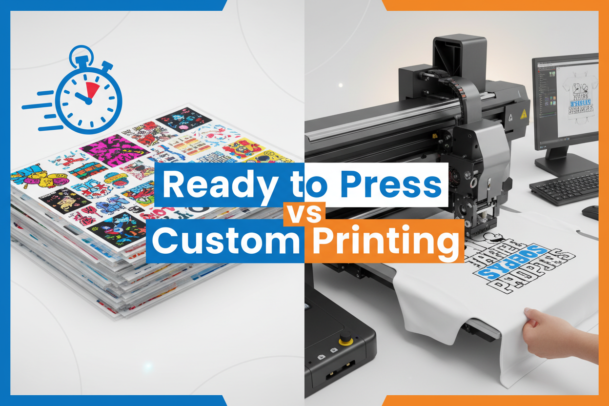 Ready-to-press DTF transfers and custom printing machine comparison.