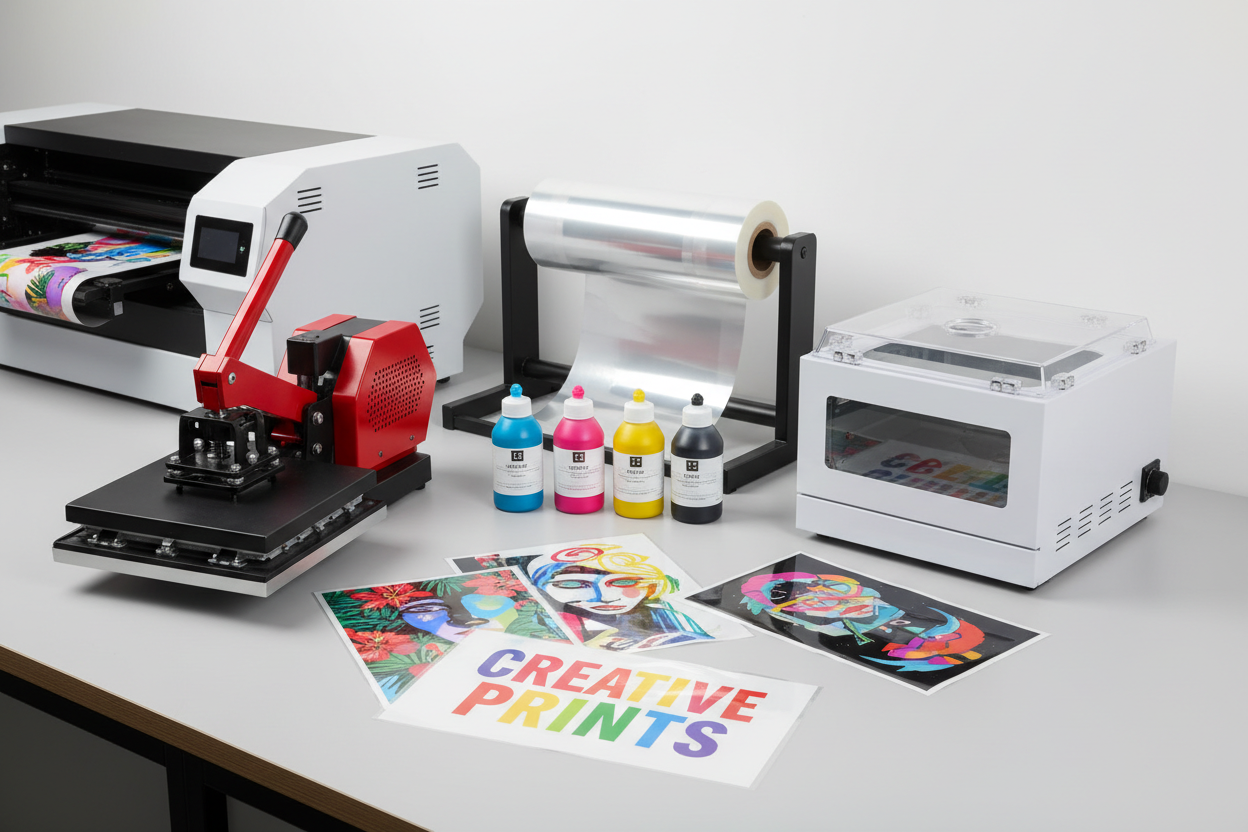 Essential DTF printing business equipment, including a DTF printer, transfer film roll, ink bottles, heat press, curing machine, and sample printed designs.