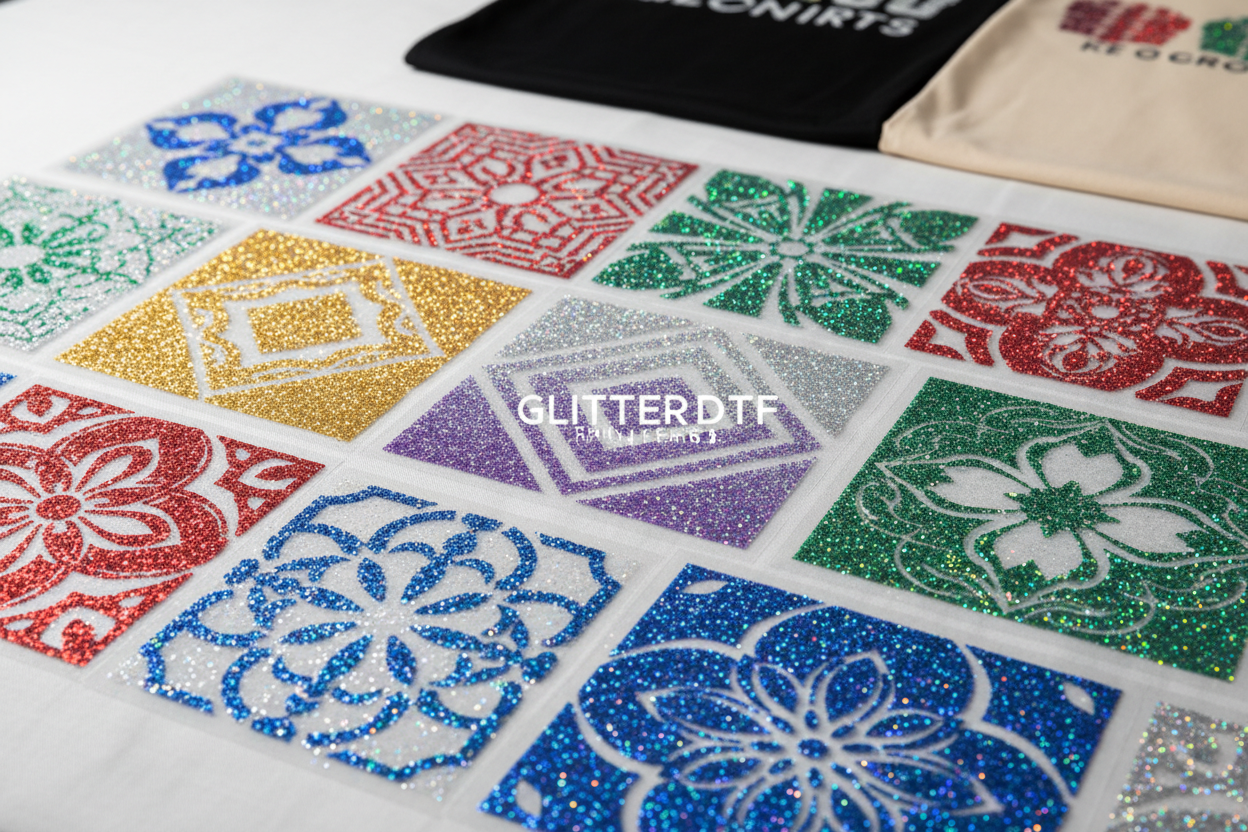 glitter DTF transfer gang sheet with colorful floral designs on PET film