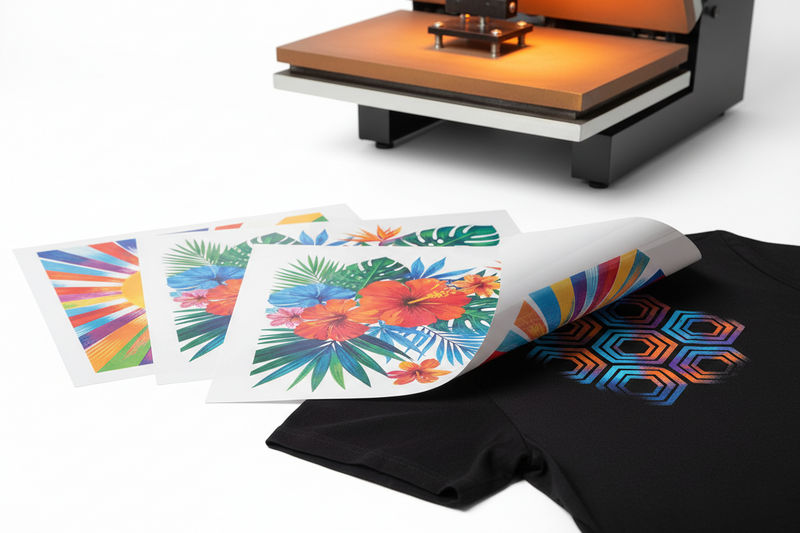 A heat press machine applying a colorful print onto a black T-shirt, with tropical flower and geometric-pattern transfer sheets placed beside it.