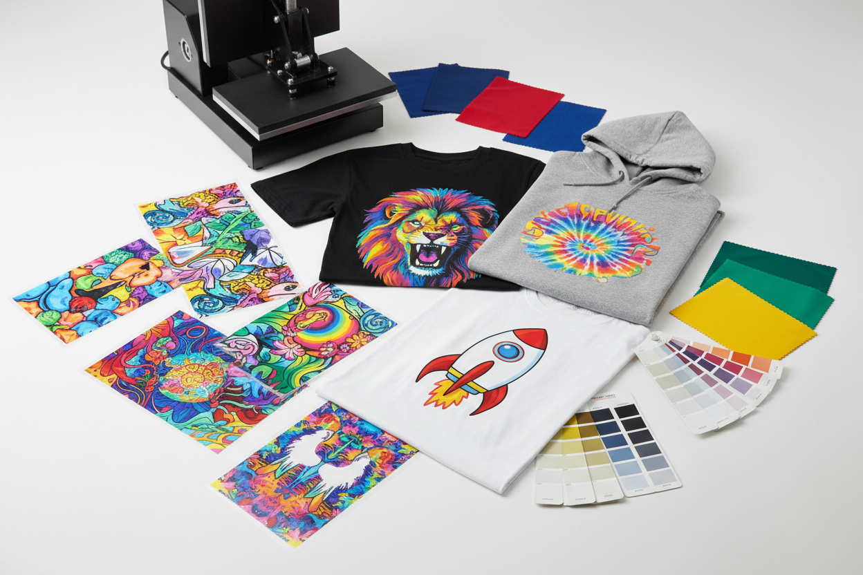 Colorful DTF transfers displayed with printed t-shirts, hoodie, heat press machine, fabric swatches, and color charts for custom apparel production.