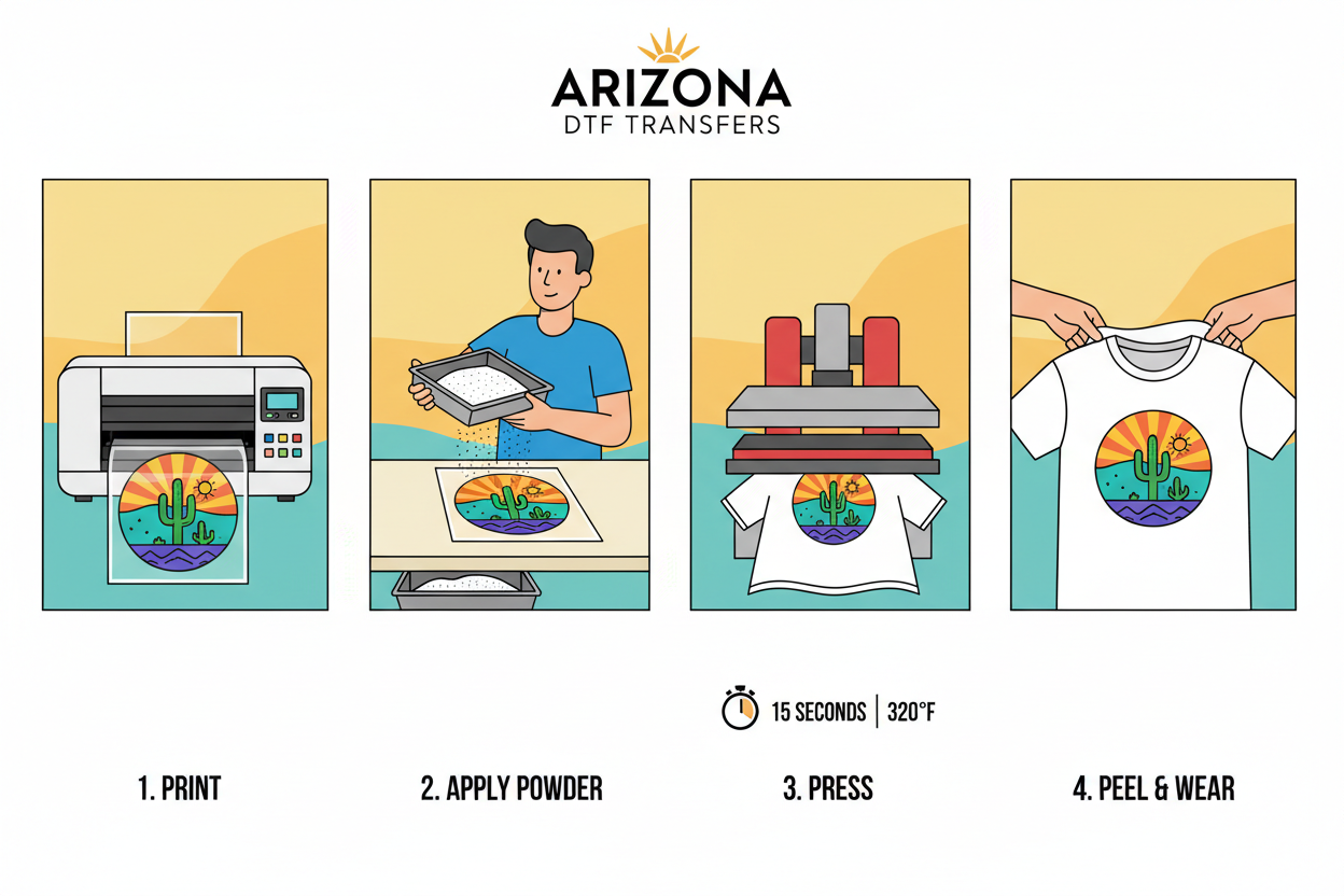 Arizona DTF Transfers image showing the DTF process: print the design, apply powder, press at 320°F for 15 seconds, then peel and wear the finished shirt.