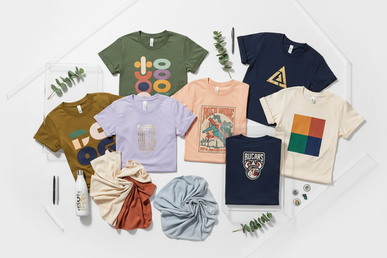 Collection of custom printed t-shirts with colorful graphic designs