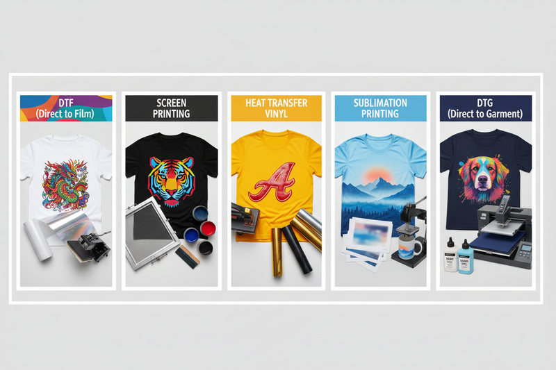 types of t-shirt printing methods comparison including DTF screen printing vinyl sublimation and DTG