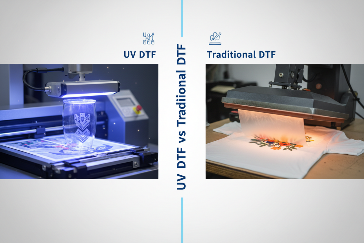 UV DTF vs Traditional DTF printing comparison on glass and fabric surfaces.