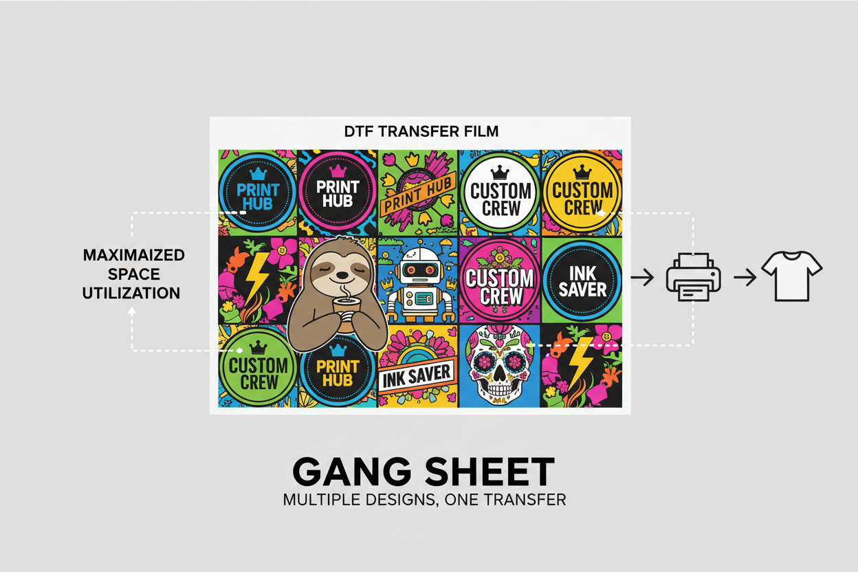 Gang sheet layout showing multiple colorful designs arranged on one DTF transfer film to maximize space, save ink, and streamline custom apparel printing.