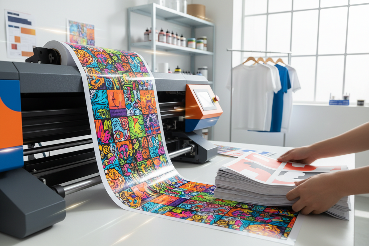 DTF printer producing colorful transfer sheets in a custom apparel workshop