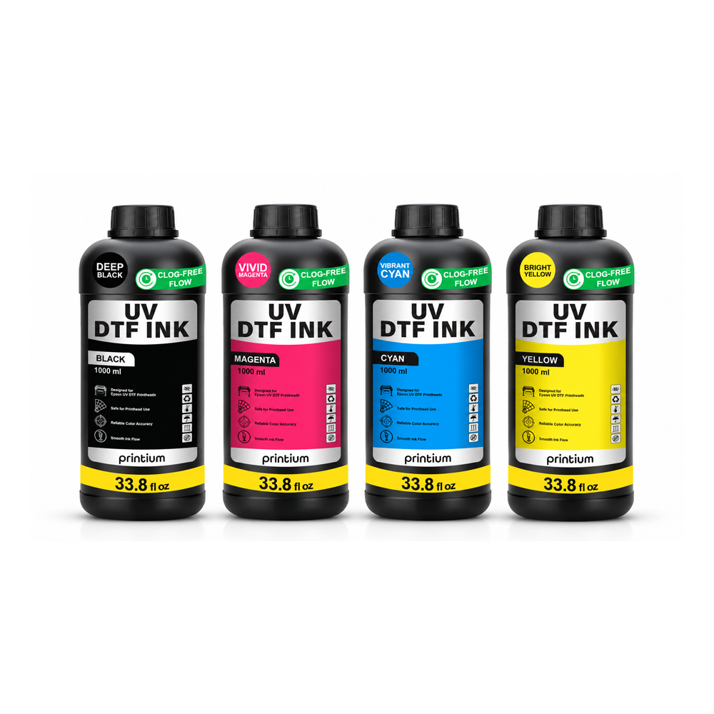 UV DTF sticker printing setup with UV DTF inks, printer, and custom hard-surface stickers for cups, bottles, and phone cases