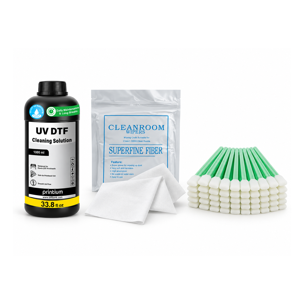 UV DTF cleaning supplies on a worktable.
